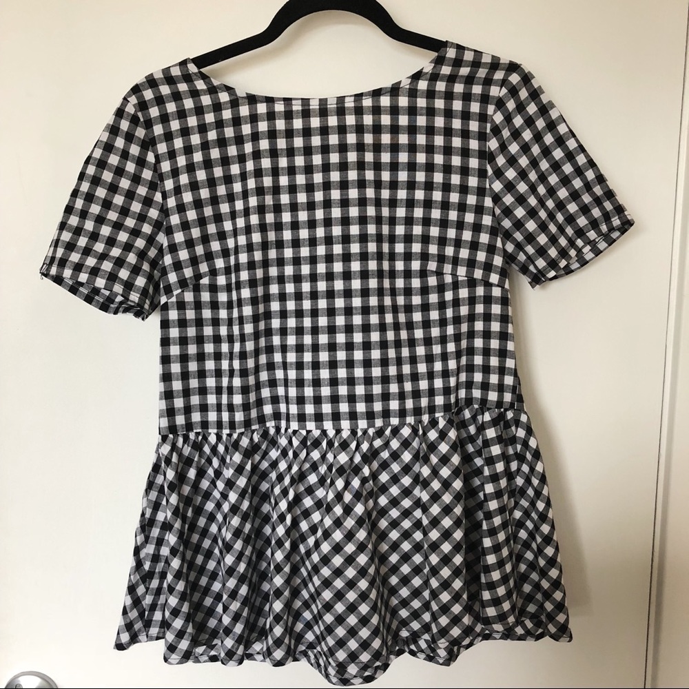 Black and White Gingham Peplum Top Tie Back